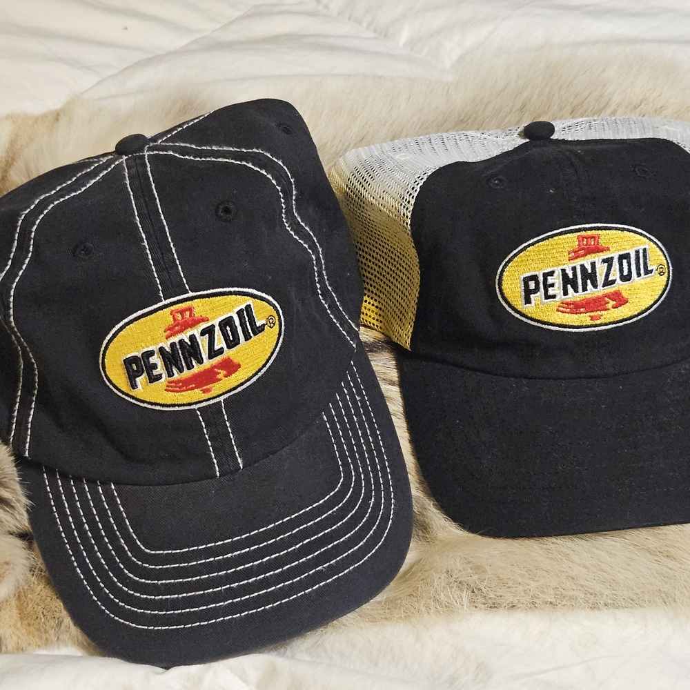 Set Of 2 PENNZOIL racing Black and Yellow Logo Caps